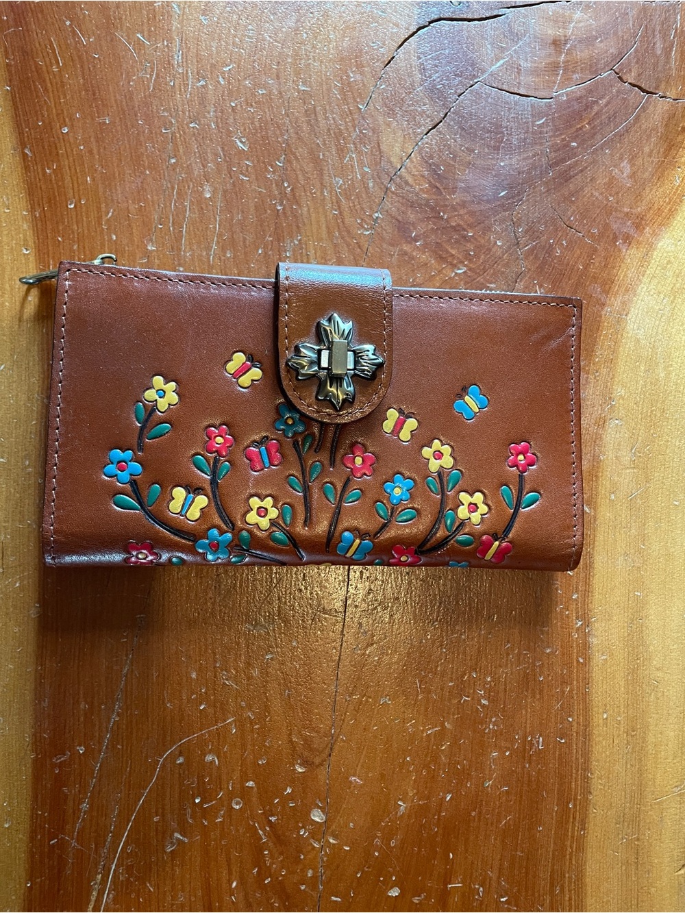 Patricia Nash Brown Leather Floral Applique Wallet with Brass Cross Clasp